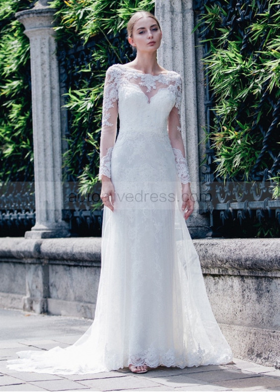 Long Sleeve Boat Neck Beaded White Lace Tulle Wedding Dress